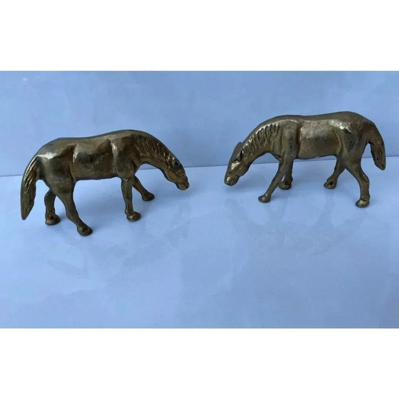 Vintage 2 Solid Brass Equestrian Horse Pair Grazing Figurines Statue Home Decor - Picture 1 of 10